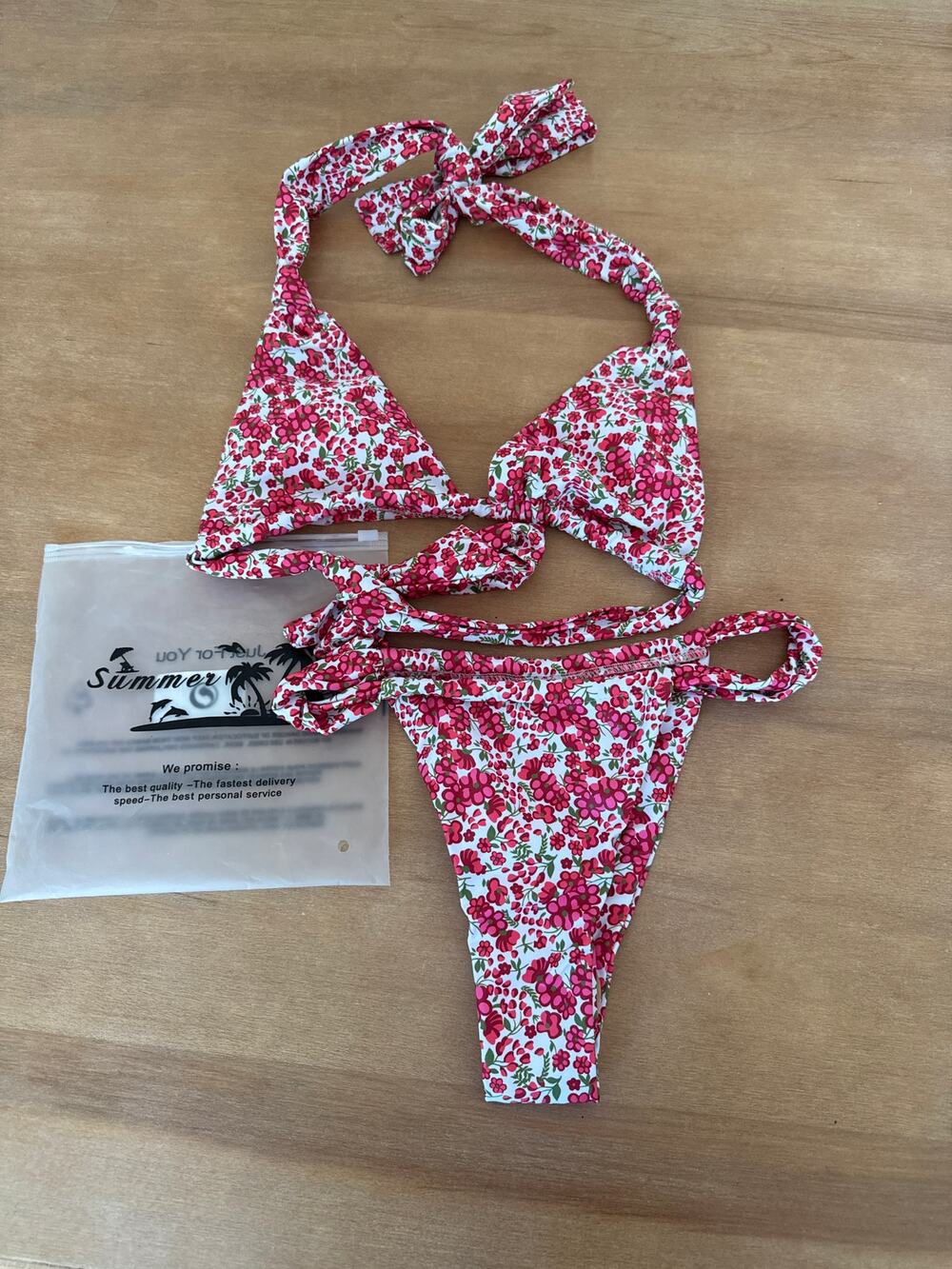 Floral Wrap Triangle Bikini Set Pink Ditsy Floral Halter High Cut NWT XS